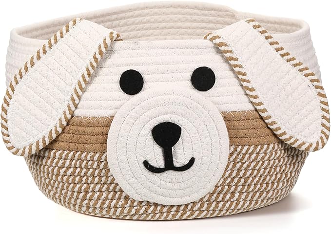 Zopeal Woven Dog Basket with Handle Toy Storage, Khaki, White, 13 x 8 Inch | Pet Gift Basket, Toys Storage Organizer, Cotton Rope Rectangular Bin, Keeps Puppy Items Organized, Sturdy Handles