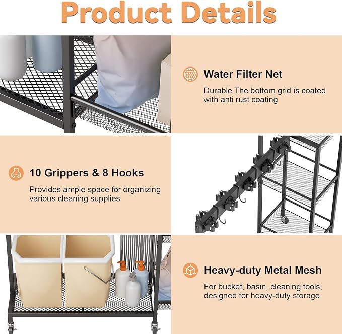 Cleaning Carts on Wheels, Rolling Broom Holder & Cleaning Supplies Organizer with 3-Tier Storage Shelf, Space Saving Janitorial Housekeeping Rack with Hanger for Home & Commercial Use Black