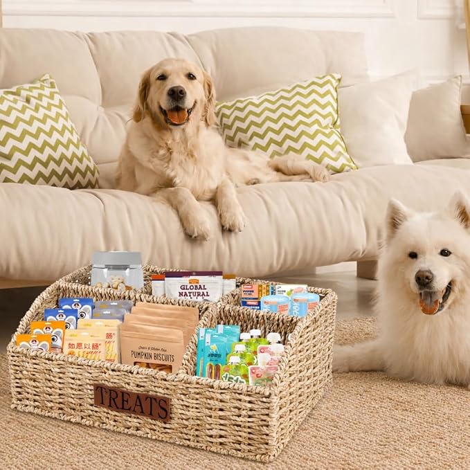 Bratod Dog Storage Organizer Wicker Basket,Dog Treat Container Bin for Countertop,Pet Treats Box with Dividers,Dog Cat Can Food Storage Bin,Pet Treat Station-Natural Woven Seagrass