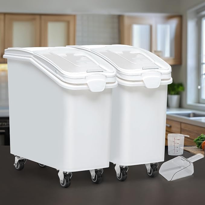 YITAHOME 27-Gallon Food Storage Container,Bulk Flour Bin, Large Ingredient Storage Bin with Wheels, Measuring Cup & Scoop, for Kitchen/Dining Room, Commercial Rice Container,2 count,White