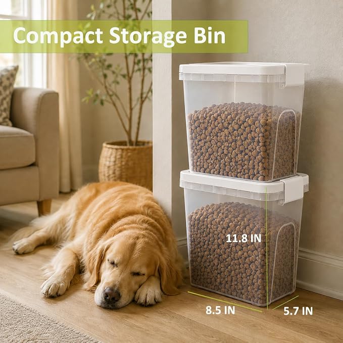 5-10 Lbs Airtight Cat Dog Food Storage Container, 8QT Compact Pet Food Bin | Plastic Food Container with Buckle-Lock Lid & Scoop for Dog, Cat, Bird Seed, Pet Food, Chicken, Dry Food, Rice, Cereal, Flour