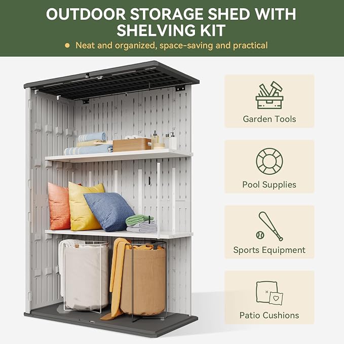 Aoxun 64 Cu.Ft Resin Outdoor Storage Shed with 2 Shelves & Floor, White | Vertical Waterproof Cabinet for Garage, Pool, Bike, Garden Tools, Patio Furniture
