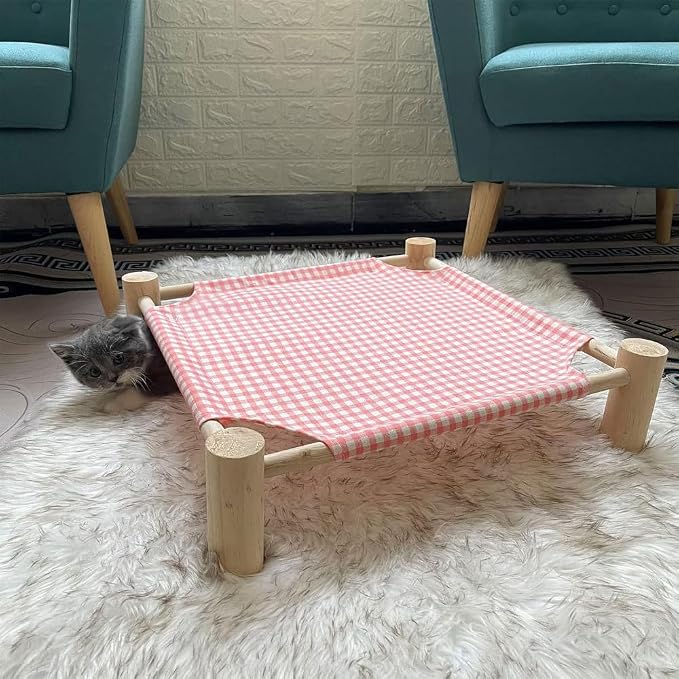 Pozico Elevated Cat & Dog Bed – Wooden Frame Pet Hammock for Small Dogs & Cats, Indoor/Outdoor Raised Bed with Breathable Mesh, Portable Pet Cot Furniture – Pink Grid