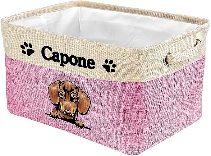 Custom Fabric Dog Toy Storage Basket with Lovely Dog Dachshund Collapsible Sturdy Fabric Pet Toys Storage Bin Cube with Handles for Organizing, Pink and White