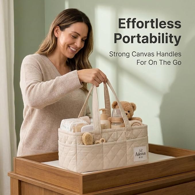 Adonia & Co Diaper Caddy Organizer – Large Nursery Storage Basket for Newborn Essentials – Portable & Machine Washable (Beige)