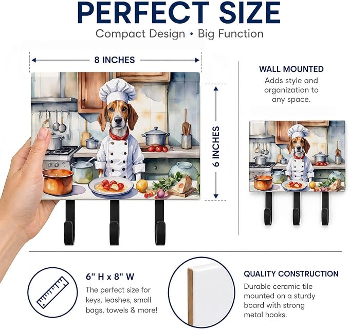 Caroline's Treasures English Foxhound The Chef Leash or Key Holder Wall Hooks, Key Hooks Holder, Coat Rack Wall Mount, Coat Hooks, Hooks for Hanging Keys, Towels, Aprons, Leashes | English Foxhound The Chef artwork on ceramic tile with three steel hook...
