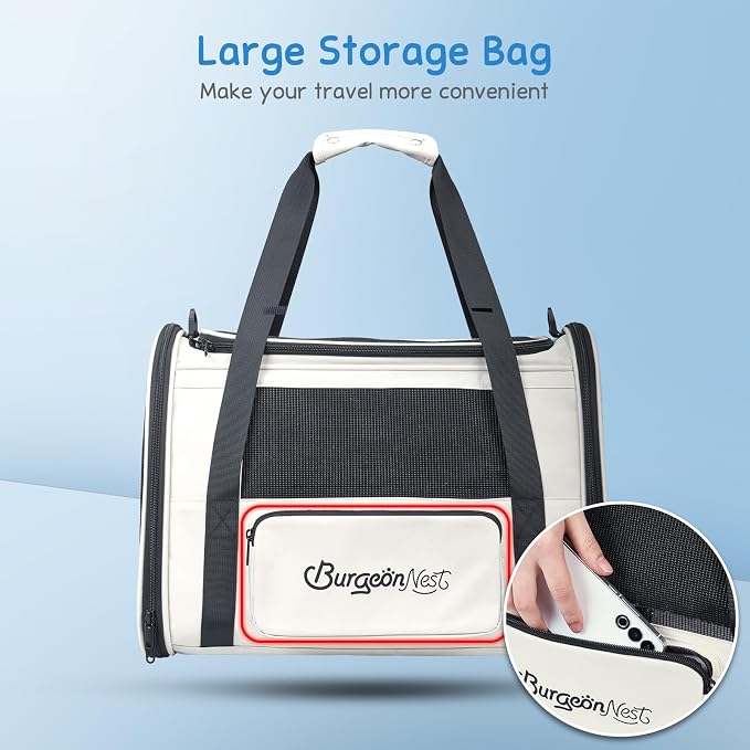 BurgeonNest Cat Carrier Soft, Collapsible Travel Pet Bag, Small Dogs | Large Cats up to 20 lbs with Unique Side Bag, Top Load Small Pet Crate Escape Proof with 4 Ventilated Windows, Medium Beige