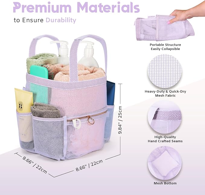 Mesh Shower Caddy Dorm, 7 Pockets & 1 with Zipper, Shower Tote with Padded Handles, Travel Portable, Shower Caddy College Room Essentials, Bathroom Shower Bag (Light Gray)
