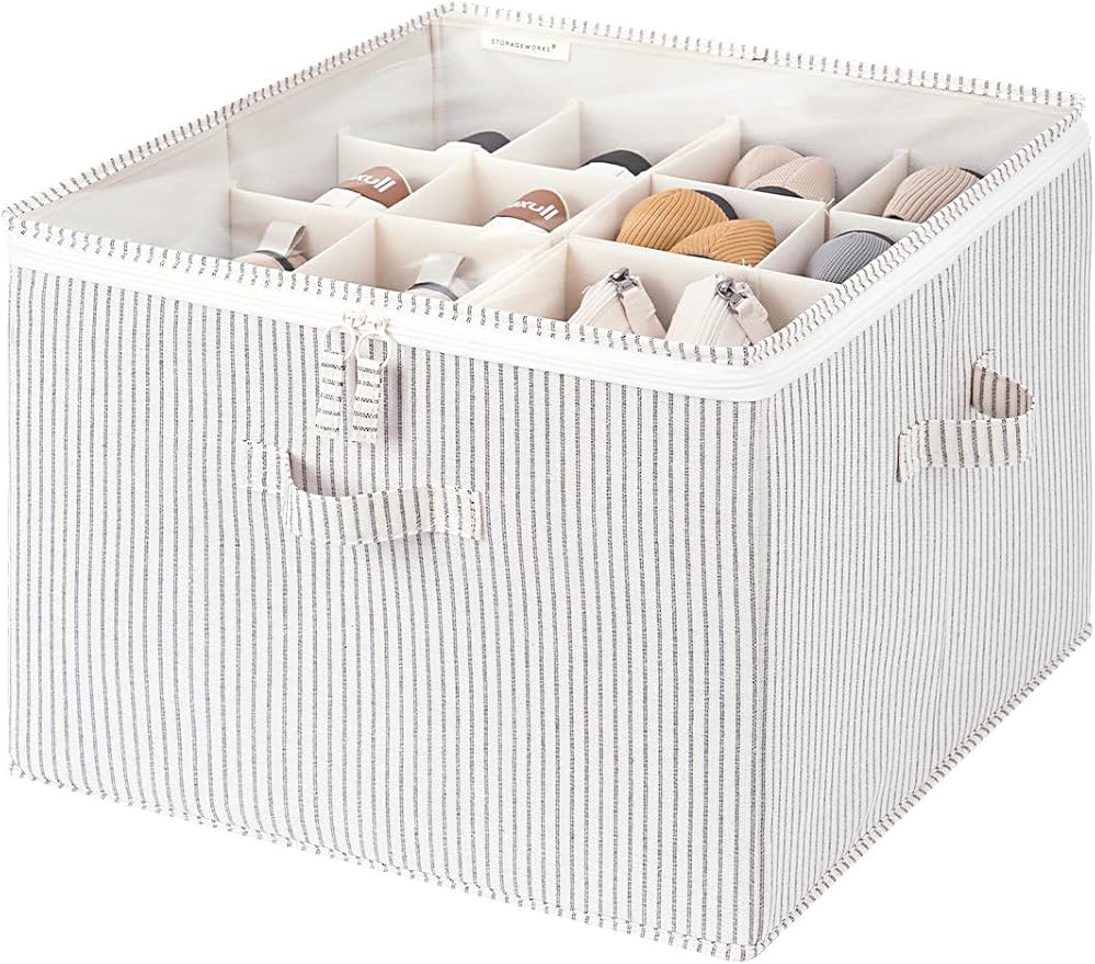 StorageWorks Shoe Organizer for Closet, Fits up to 16 Pairs, Shoe Cubby Storage Containers with Adjustable Dividers and Clear Cover, Khaki and Beige Stripes | Adjustable Dividers, Holds up to 16 Pairs, Foldable, Clear Lid, Soft Handles, Fits Sneakers, ...