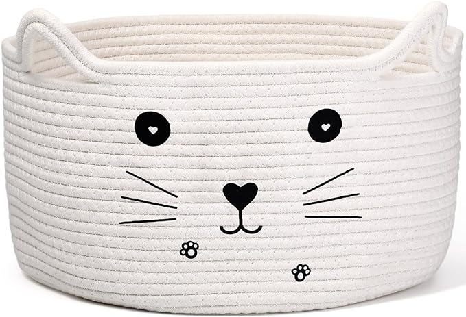 Zopeal Cat Storage Basket Woven Organizer with Ears Decorative Gift Cute Cotton Rope Pet Toy Basket for Gift Cat Dog Toy Bin Nursery Room(13.7 x 7.8 Inch,White)