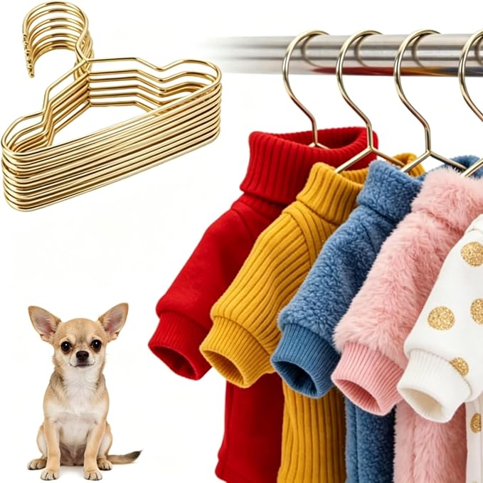 Didiseaon 10Pcs Small Dog Clothes Hangers Metal Pet Golden Mini Cat Hanger for Puppy Closet Storage, Windproof Heavy Duty Doll Garment Rack Accessories 5.9 X 4.33 Inches