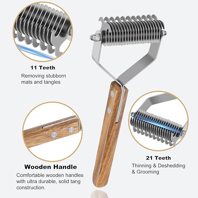 Undercoat Rake for Dogs, Dematting Comb for Dogs and Cats with Wood Handle, Deshedding Dog Brush for Remove Mats, Long-Haired Pets Grooming Rake, L