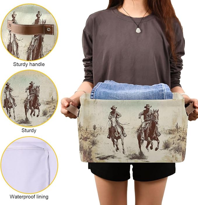 Horse Desert Cowboy Beige Rectangular Storage Bin Basket with Handles - Organizer Bins Laundry Storage Basket for Pets Room Books Closet