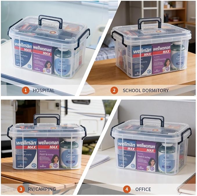 HEY FOLY 15qt Blue Medicine Organizer Storage Box with Tray, Plastic First Aid Box Empty, Thickened Medicine Container Chest, Multipurpose Medical Case with Labels, Blue Medicine Caddy