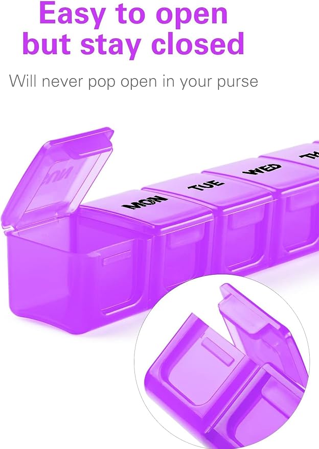 BUG HULL Weekly Pill Organizer Large 2 Packs, Extra Large Travel Pill Organizers, Pill Box 7 Day, Travel Pill Case, Medicine Pill Organizer for Vitamins, Supplements and Medication (White+Purple)