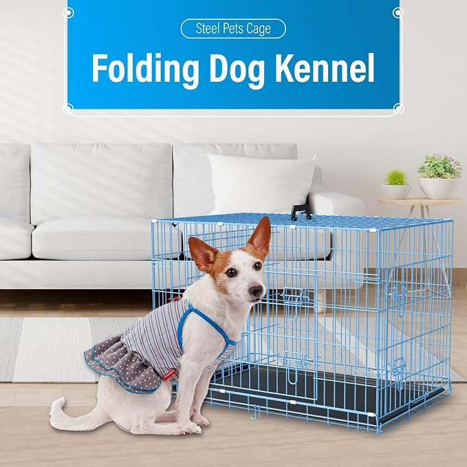 Dog Crate 36" Metal Wire Dog Cage Double Door Folding Dog Kennel with Divider Panel, Leak-Proof Plastic Pan, Foldable Travel Pet Crate for Small Medium Breed Dogs Animals,Blue