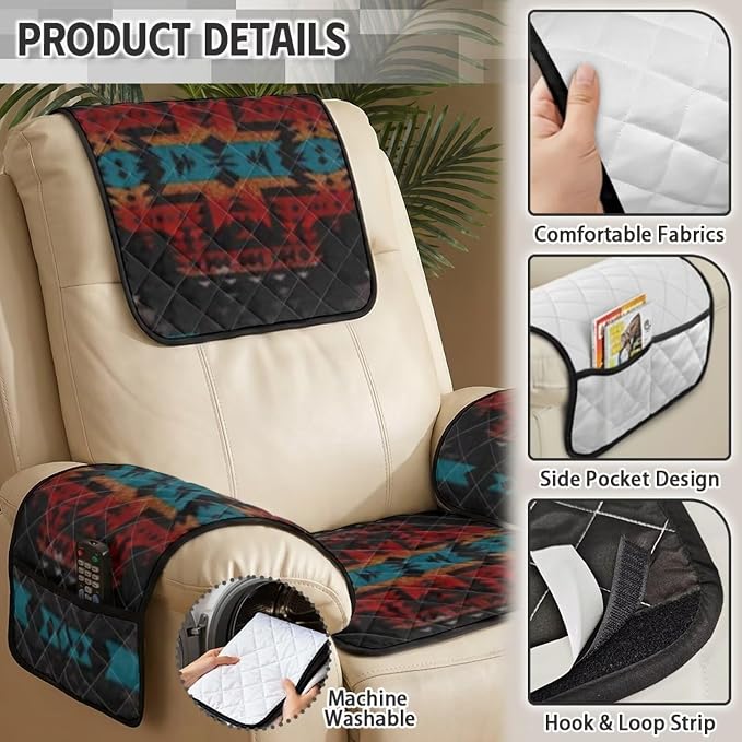 Aztec Geometric Recliner Chair Covers with Pockets 4-Piece | Tribal Quilted Recliner Furniture Protectors for Reclining Chair Lazy Boy Recliners Armchair, Pet Friendly Non Slip