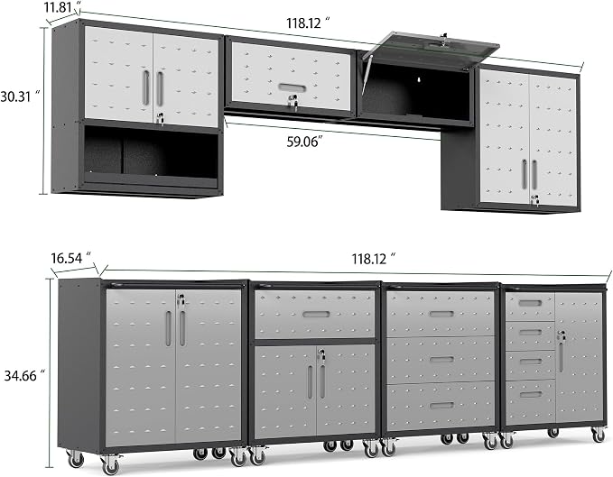 8-Piece Heavy Duty Steel Garage Cabinet System | All-in-One Modular Garage Cabinet Set for Ultimate Workshop Organization | Easy Assembly Garage Storage Cabinets & Tool Bench (Black)