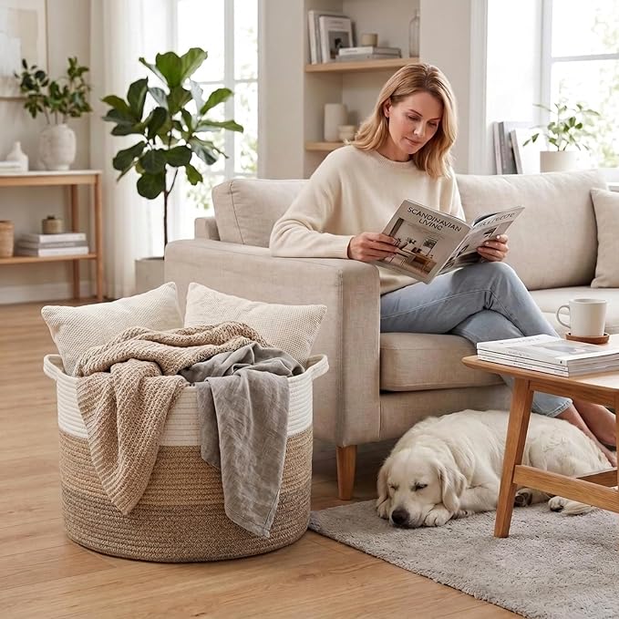 90L Extra Large Blanket Basket,Woven Rope Laundry Basket-Mix Brown | Collapsible Nursery Storage Bin with Sturdy Handles, Organizes Clothes, Toys and Pillows for Living Room, Bedroom, Bathroom