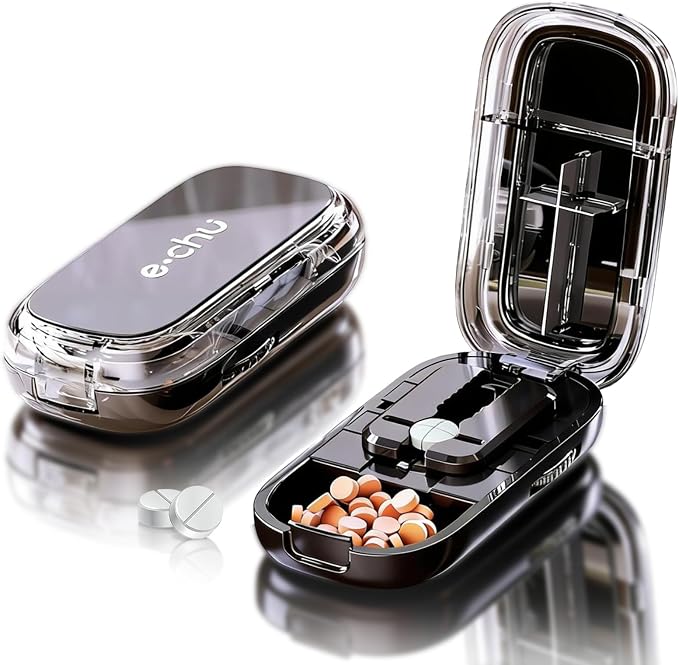 Pill Cutter Splitter for Small and Tiny Pills - Daily Pill Organizer with Professional Adjustable Cutter Splitter for Cutting Multiple Pills, Pill Case for Travel Purse Pocket (Black)