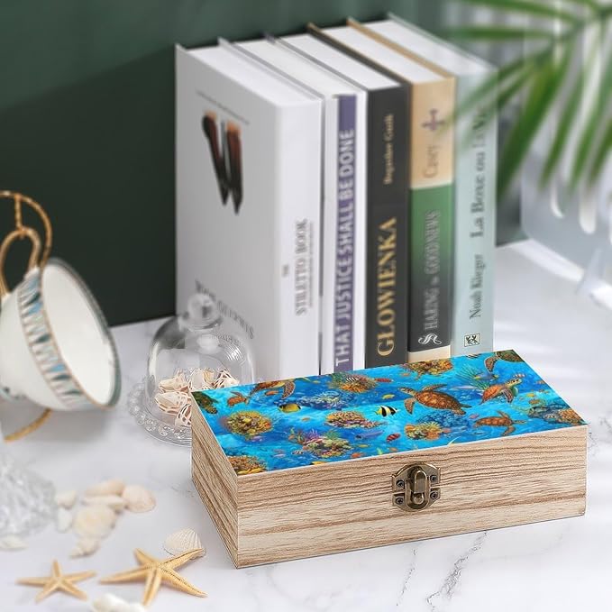 Wooden Memory Box with Lid Decorative Keepsake Box, Sea Turtle Ocean Animal | Turtles Storage Containers Wedding Birthday Gift Box Jewelry Organizer, 9.2x5.5x3.9 Inch