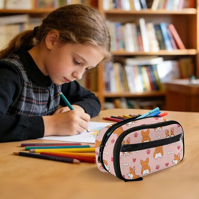 Cute Pets Heart Pink print Large Capacity Pencil Case with Zipper Water Resistant Portable Organizer Pen Bag for Students School Office