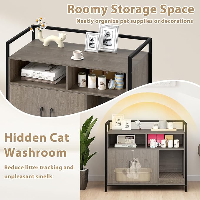 Giantex Cat Litter Box Enclosure - Cat Washroom Hidden Furniture with Front Entry, Scratcher, 2-Door Storage Cabinet, 2 Compartments, Air Vents, Metal Frame, Wooden Pet Crate House (Oak Gray)