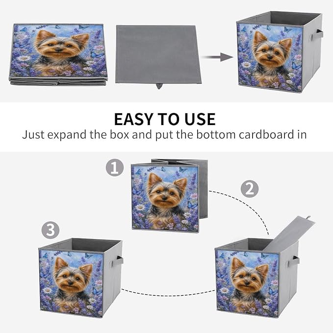 Yorkie Dog Lavender Butterflies Garden Storage Bin with Handles, Oxford Fabric Foldable Storage Cube Organizer for Clothes, Towels, Bedroom, Living Room, Home Organization