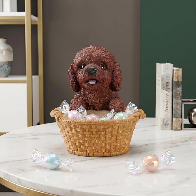 Red Brown Poodle Candy Bowl, Resin Dog Figurine Key Bowl for Entryway Table, Desktop Storage Basket Organizer for Desk, Unique Dog Lover Gift