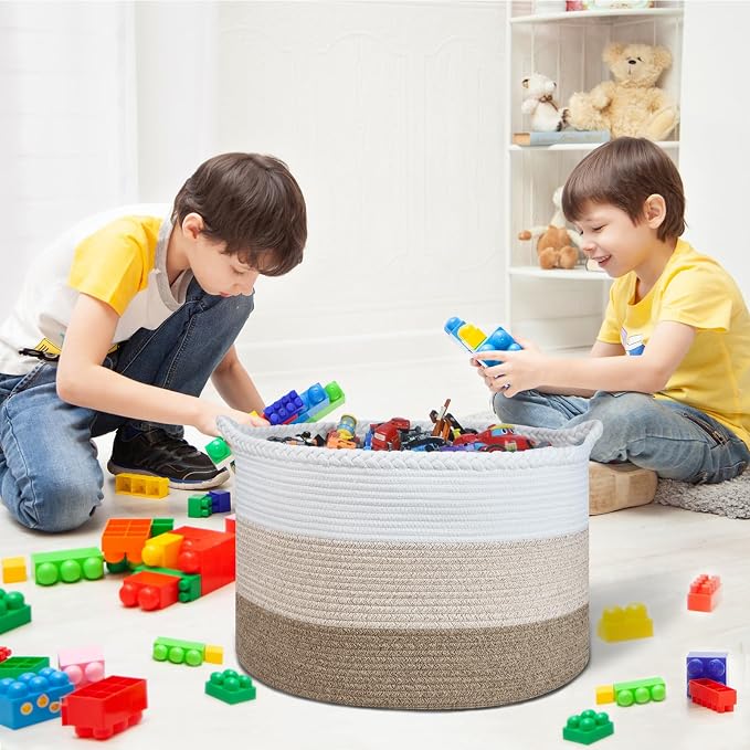 COMSE XXXLarge Woven Blanket & Laundry Basket, 87L, White & Gradient Brown | 21.7" x 13.8", Cotton Rope, Nursery Hamper for Storage of Toys Clothes Towels, Ideal for Living Room Bedroom Bathroom