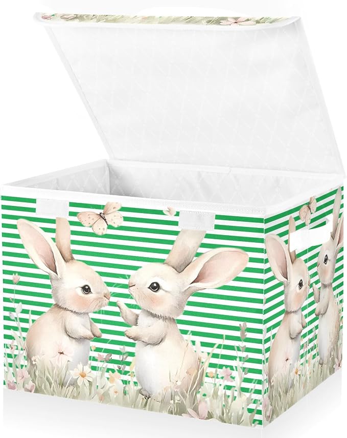 Fabric Storage Bins with Lid Rabbit Floral Foldable Storage Boxes 40L | Decorative Storage Boxes, Foldable & Stackable, Dust-Proof Flip Top, Reinforced Handles, For Home & Dorm, Clothes & Toy Box