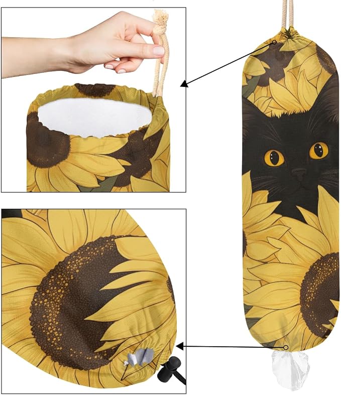 Animal Cat Plastic Bag Holder Yellow Sunflower Grocery Bag Storage Dispenser Washable Hanging Shopping Bags Carrier Reusable Wall Mount Trash Bag Organizer for Kitchen Pantry