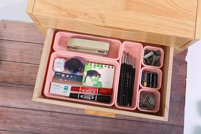 Kutesna 25 PCS Pink Drawer Organizer Set, 4 Size Interlocking Plastic Storage Bins for Office Supplies, Jewelry Makeup Vanity, Bathroom Kitchen, Home Organization Closet, Gadgets Small Items