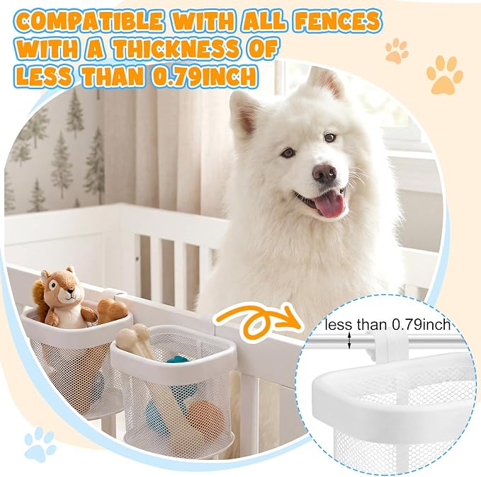 Sliner 4 Pack Dog Crate Hanging Storage Baskets Pet Fence Organizer for Toys Treats Leashes, Hook-On Mesh Basket for Indoor Outdoor Space Saving