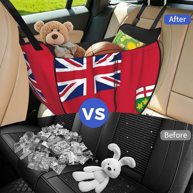 Ontario Flag Car Seat Organizer-Backseat Storage Bag for Travel | Waterproof Durable. Holds Snacks Gear Essentials. Fits Most Cars.