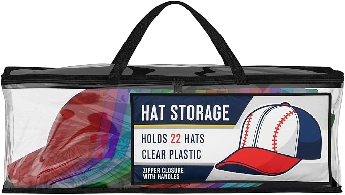 Baseball Cap Storage Bag, Hat Organizer Case, Black Handles, 23" x 6" x 8" | Houseables Cap Holder, Clear Plastic Tote, Moisture & Dust Proof, w/Zipper Closure, Holds up to 22 Hats, Dirt Protection