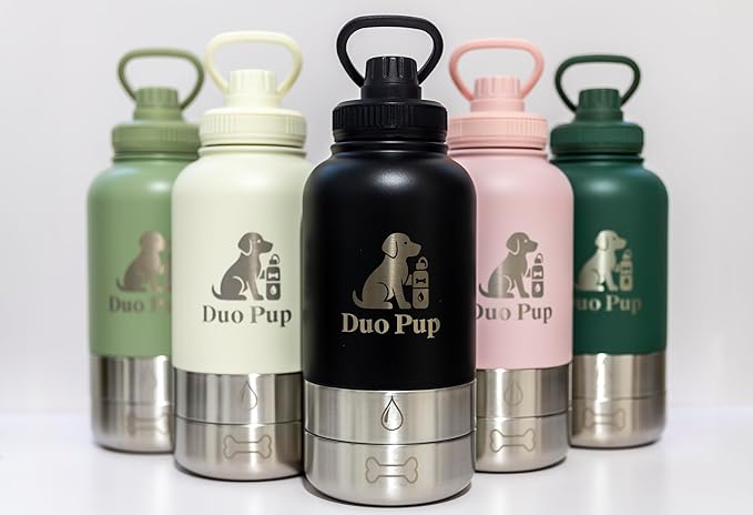 DuoPup 32oz Insulated Stainless Steel Pet Water & Food Bottle – Portable Leak-Resistant Dispenser with Two Detachable Bowls & Carrying Strap – Travel, Hiking & Outdoor Pet Hydration – LightGreen