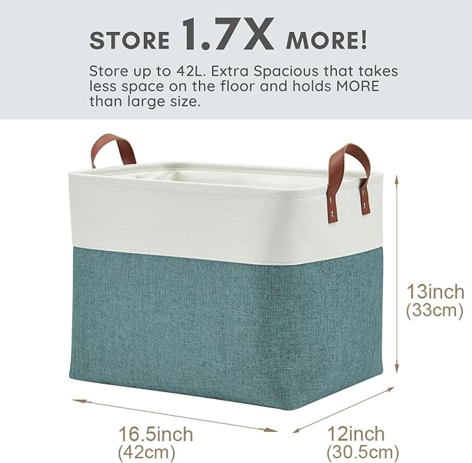DECOMOMO Fabric Storage Bins, Extra Large Storage Baskets with Handles | 3 Pack Storage Baskets for Shelves, Laundry, Toys, Nursery (Green & White)