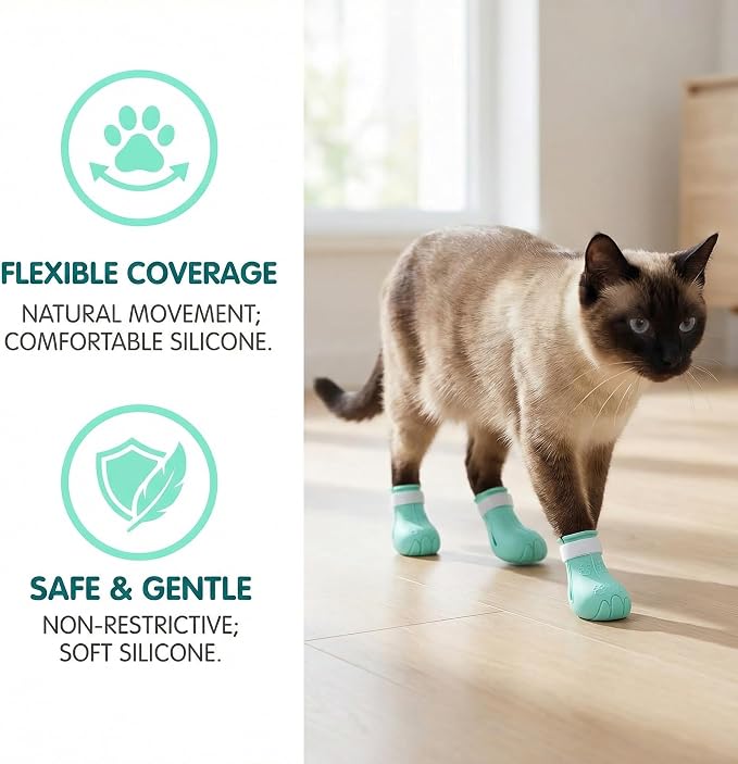 4 Pcs Cat Paw Covers Silicone, Anti Scratch Cat Paw Protector Boots, Adjustable Cat Shoes for Bath, Grooming and Nail Clipping, Soft Pet Claw Protectors with Storage Case, Green