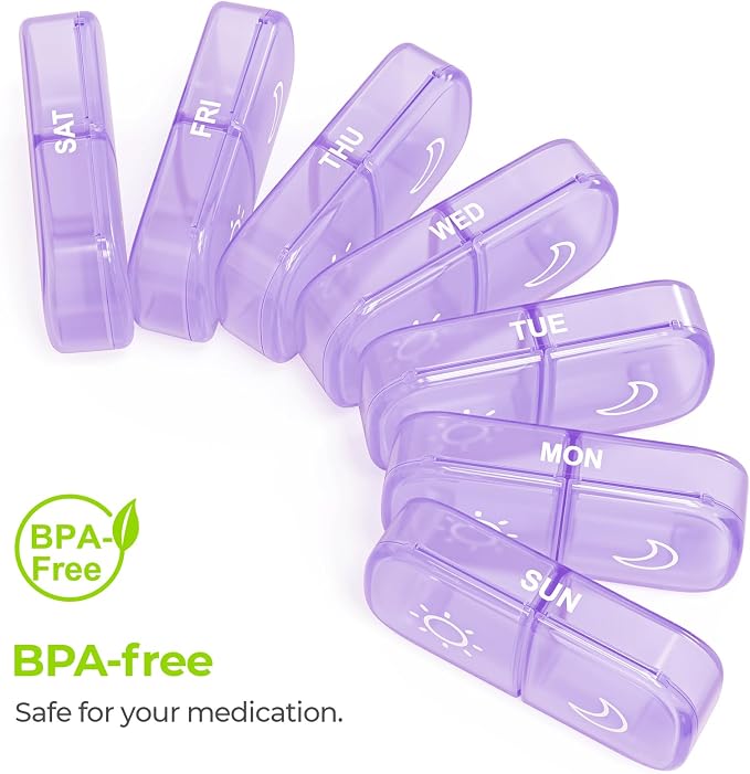 AUVON Weekly Pill Organizer 2 Times a Day, One-Sided Opening, Easy to Use | AM PM Pill Case, XL Pill Box 7 Day, Travel Medication Organizer for Medication, Vitamins, Fish Oils, Supplements, Pale Purple