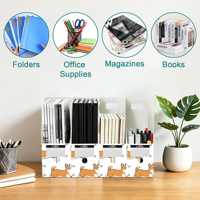 Emelivor Cute Pets Dogs White Pattern Magazine Holder Set of 3 Desk File Organizer Water-resistant Vertical Folder Holder with Labels for Office Organization File Box for Classroom Home Library