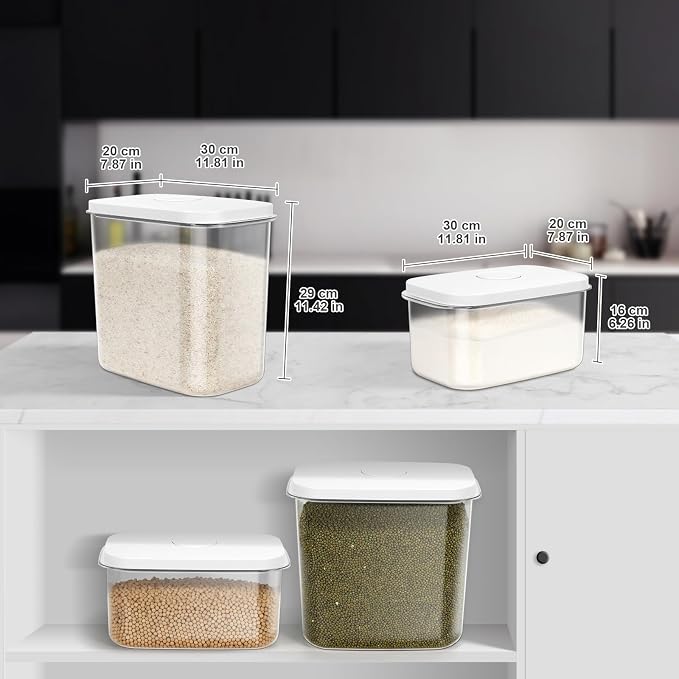 LEAWALK Airtight Rice Storage Container, Cereal Dry Food Flour and Sugar Bin, Dog Cat Food Dispenser with Measuring Cup, BPA Free Clear Plastic Kitchen (White, 12L-1pack)