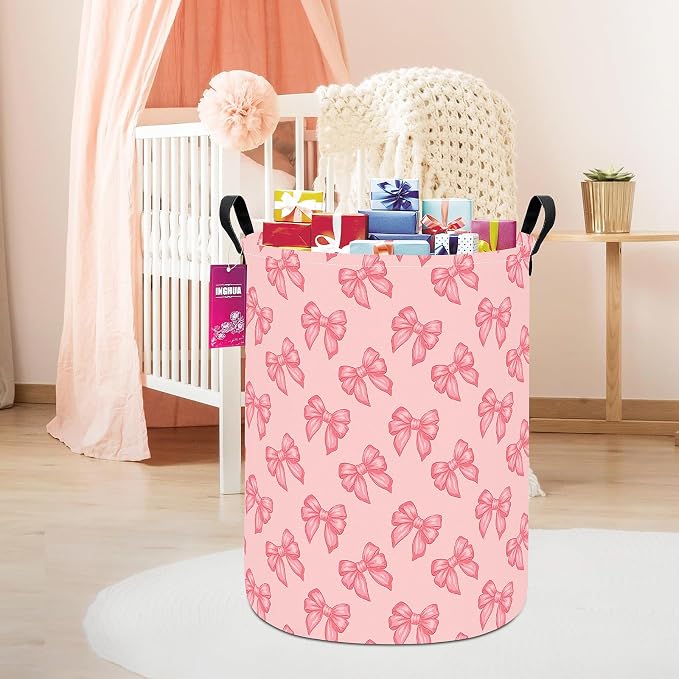 Laundry Hamper Large Canvas Fabric Storage Basket Pink bowknots | Organizer Bin Dirty Clothes Collapsible Waterproof for College Dorms, Boys and Girls Bedroom,Bathroom