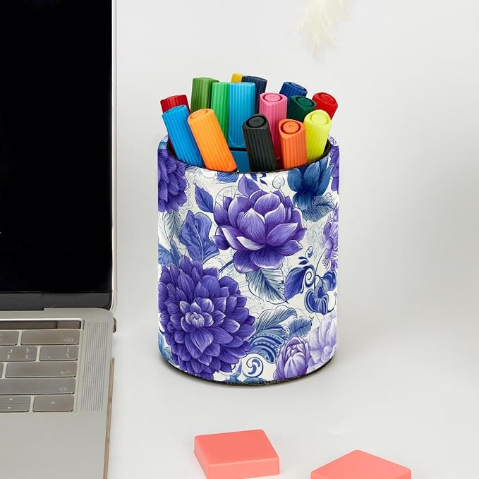 Faux Leather Pen Holder for Desk, Pencil Organizer Purple Flowers Pen Cup Desk Decor Makeup Brush Holder Storage for Office Home