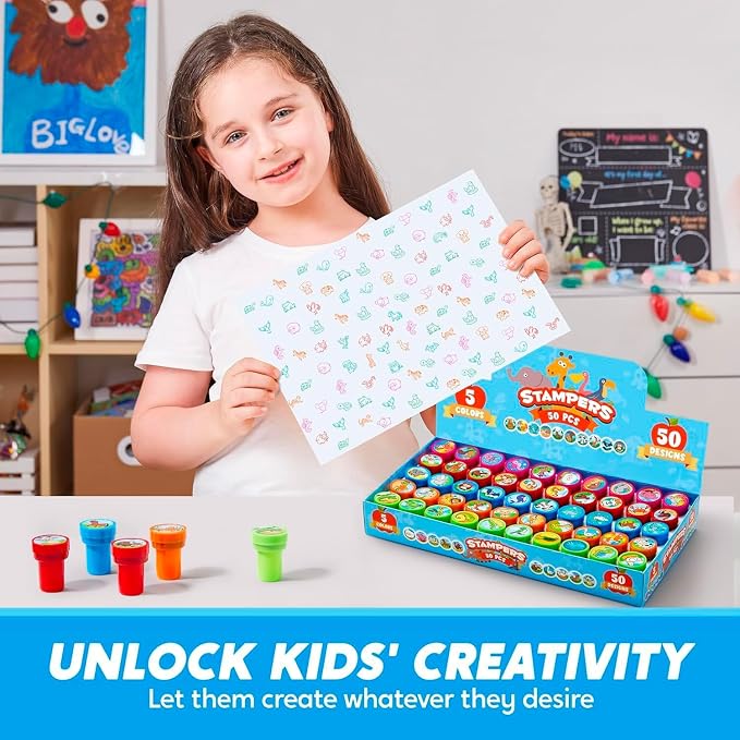 JOYIN 50 Pcs Animal Stamps for Kids, with 50 Different Designs, Farm,Sea Animals,Stamps for Crafting, Prize Box Toys for Classroom, Kids Party Favor, Birthday Party Favor Goodie Bag