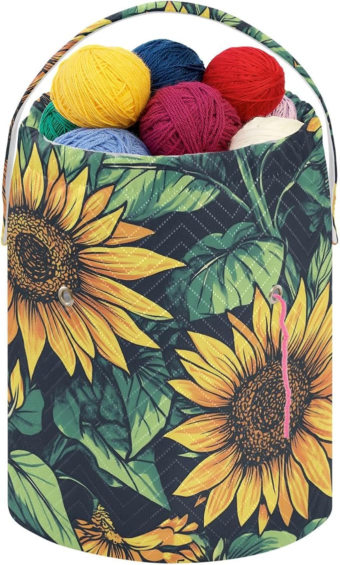 Fustylead Retro Vibrant Yellow Sunflower Large Yarn Storage Tote Basket, Knitting Crochet Drawstring Organizer Bag for Crocheting Project, Yarn Balls, Needles Accessories