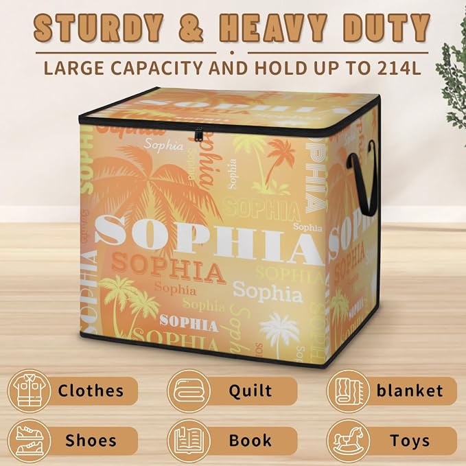 Custom Storage Baskets Cubes for Home with Name, Large Foldable Organizer Collapsible Storage Bins for Blanket Comforters Clothes Closet Nursery, Orange Yellow Tropical Palm Trees Painted Background