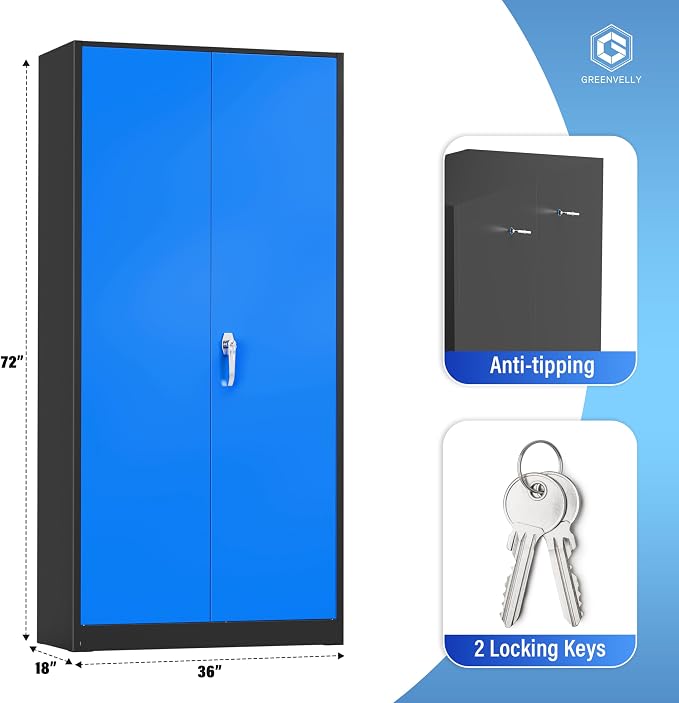 Greenvelly Metal Storage Cabinet with Doors and Shelves, 72" Inch Locking Metal Cabinet,Garage Storage Cabinet for Garage Office School Warehouse (Black Blue)