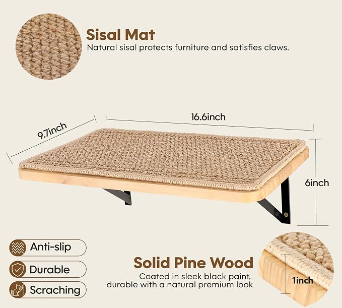 Cat Floating Wall Shelf with Scratching Mat, 1PC, 9.7X16.6 Inch | 1 Inch Thick Wood Board , Wall Mounted, Supports to 30 LBS, For Sleeping, Playing, Climbing