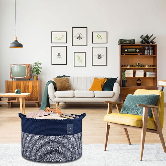 COMSE XXXLarge Woven Blanket & Laundry Basket, 87L, Navy Blue | 21.7" x 13.8", Cotton Rope, Nursery Hamper for Storage of Toys Clothes Towels, Ideal for Living Room Bedroom Bathroom